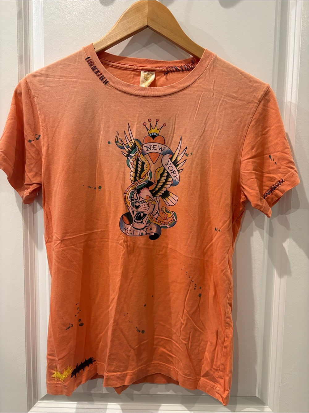 Ed Hardy Like Orange Graphic 'New York' Tattoo Style Tee